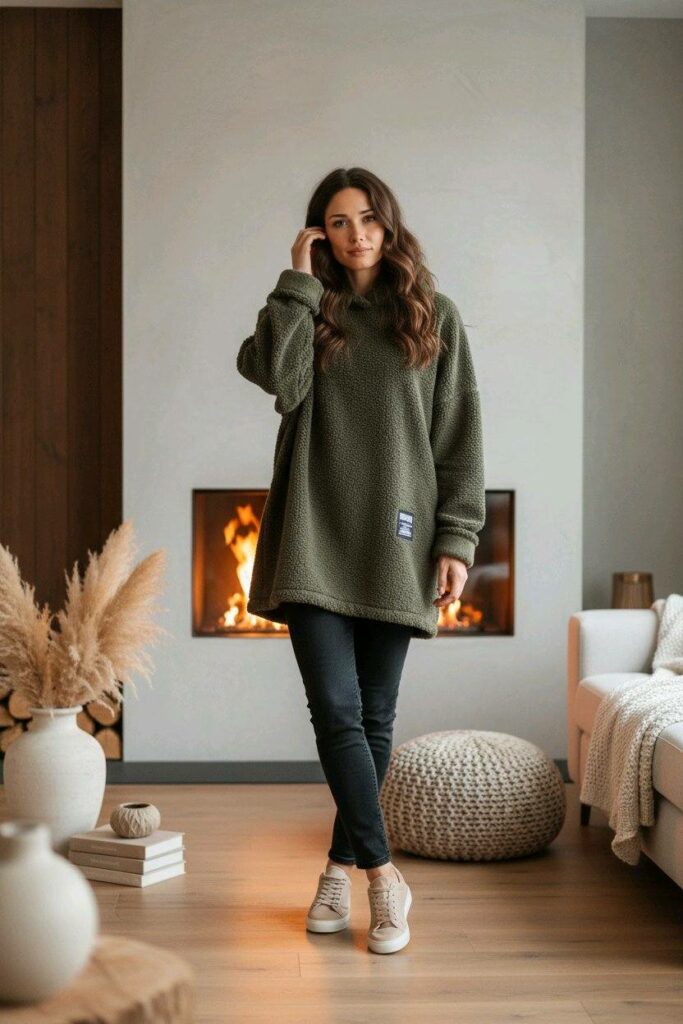 langer Hoodie in Teddystoff oliv